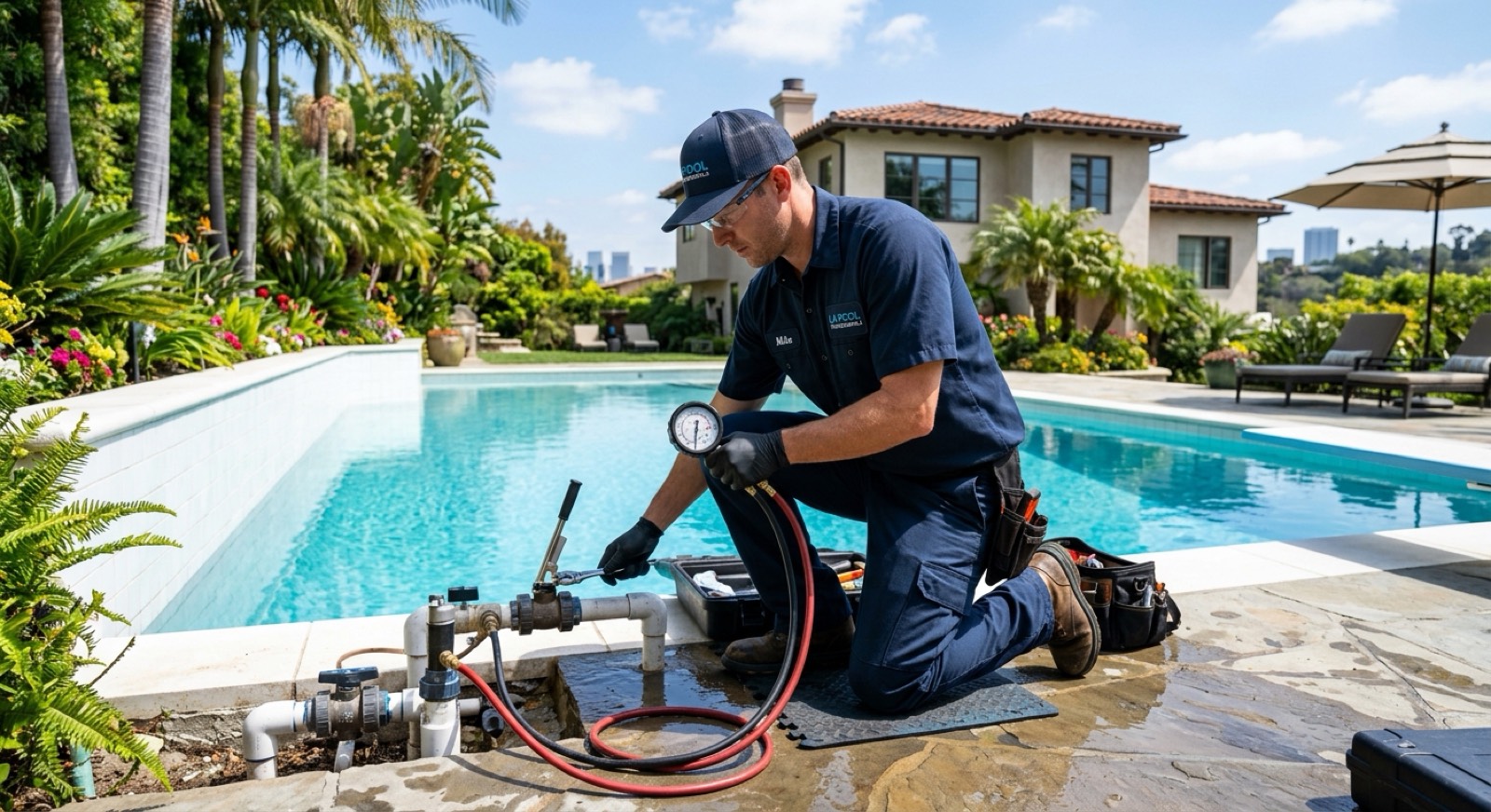 Pool repair technician using pressure testing equipment on residential swimming pool